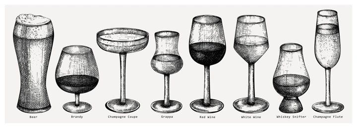 Hand-sketched alcoholic drinks illustrations set. Vector sketch of bar beverages in elegant glasses. Vintage drawing of popular alcohol drinks for pub, bar or restaurant menu isolated on white